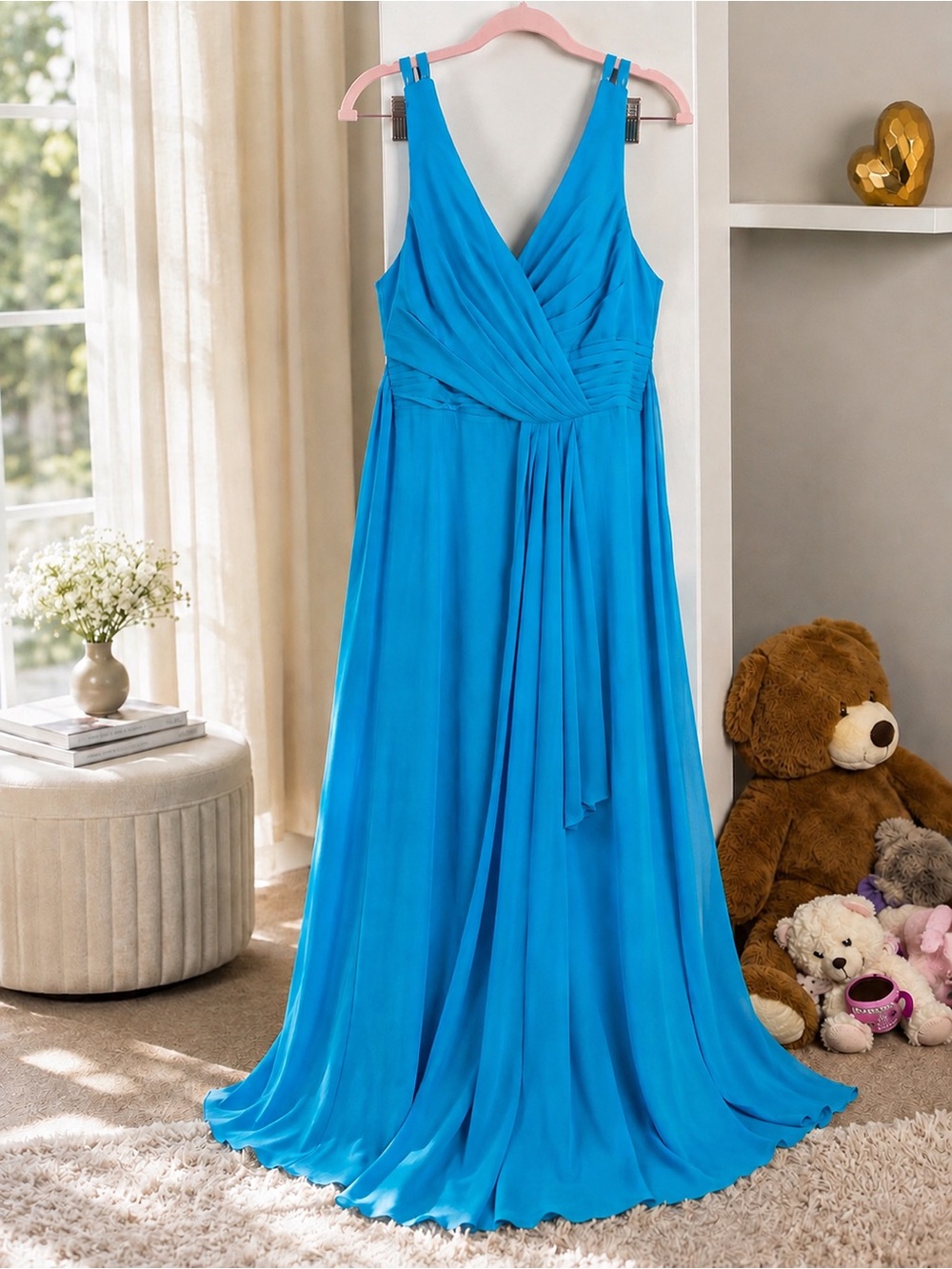 Witness of Love NWT Turquoise Blue Ruched Maxi Gown Dress Size 8 Padded Formal